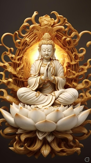 posąg Buddy siedzący na kwiecie lotosu ze złotą aureolą generatywny ai