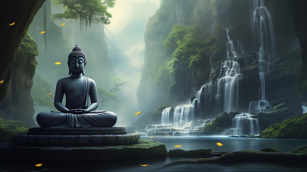 posąg Buddy siedzący na skale otoczony wodospadem