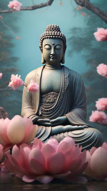 Posąg Buddy siedzący przed różowymi kwiatami