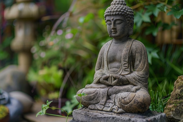 Posąg Buddy siedzący w ogrodzie
