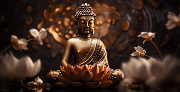 Zdjęcie posąg buddy siedzi przed złotym tłem z białymi kwiatami.