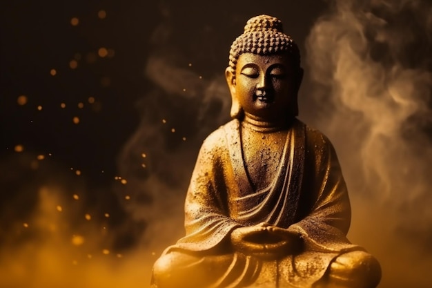 Posąg Buddy siedzi przed żółtym dymem.