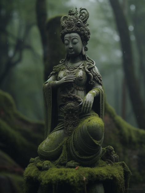 Zdjęcie posąg buddy siedzi w lasie z mchem.