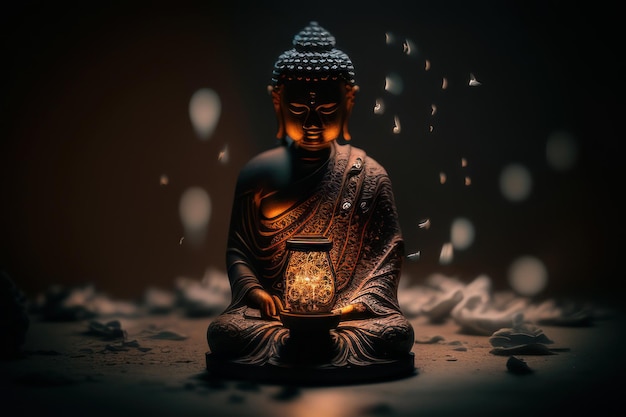 Posąg Buddy stoi przed lampą z napisem Budda.