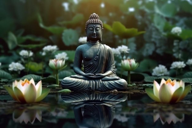 Posąg Buddy stoi przed stawem z liliami wodnymi.