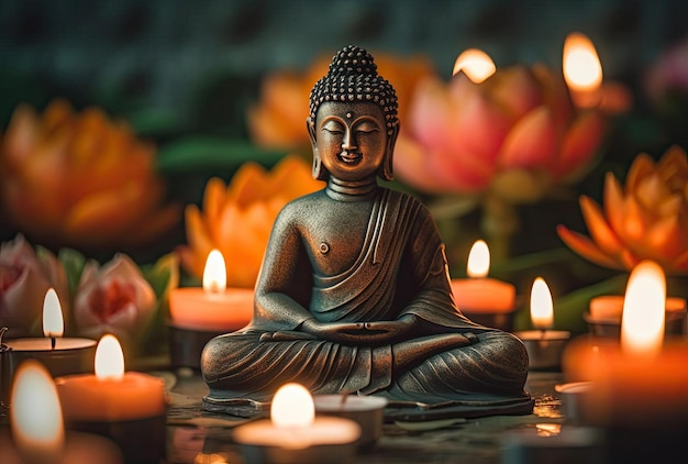 Posąg Buddy w medytacji z kwiatem lotosu i płonącymi świecami