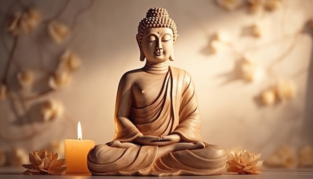 Posąg Buddy w medytacji z kwiatem lotosu na jasnym tle z miejsca kopiowania tekstu