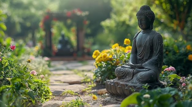 Posąg Buddy w ogrodzie Świeża naturalna tapeta spa koncepcja z azjatyckim duchem i kopiowania przestrzeni