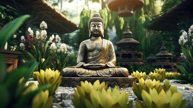 Zdjęcie posąg buddy w ogrodzie z kwiatami i drzewami w tle