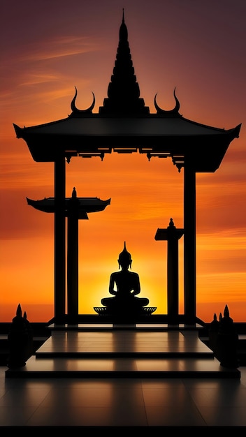 Posąg Buddy w świątyni przy zachodzie słońca