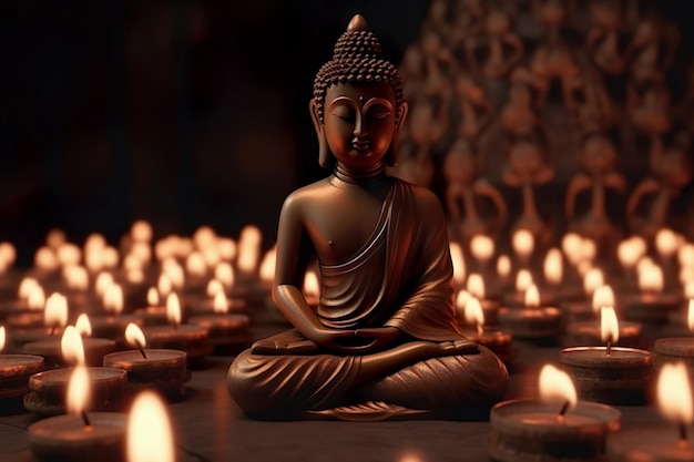 Posąg Buddy w świątyni ze świecami płonącymi w ciemnej atmosferze Buddyzm i jego bóstwa Technologia Generative AI