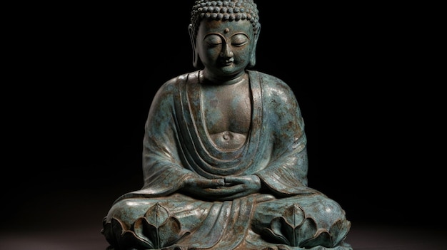 Posąg Buddy z brązu ze słowem budda z przodu.