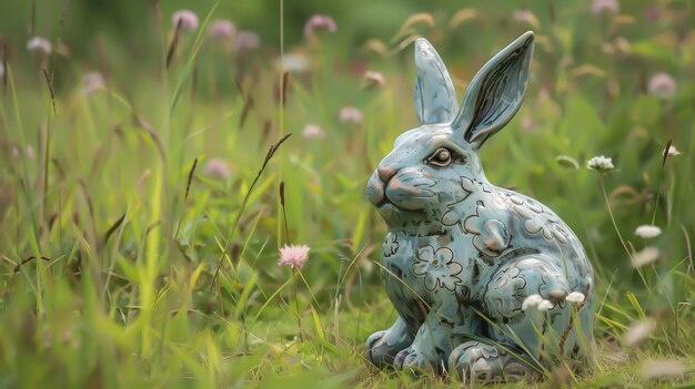Posąg ceramicznego królika w ogrodzie
