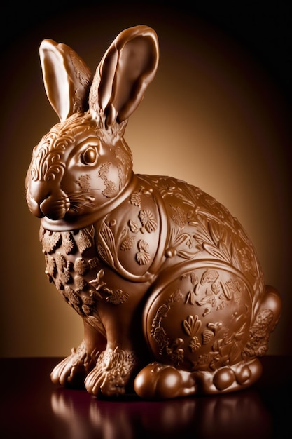 Posąg czekoladowego króliczka siedzący na drewnianym stole przed brązowym tłem Generacyjna sztuczna inteligencja