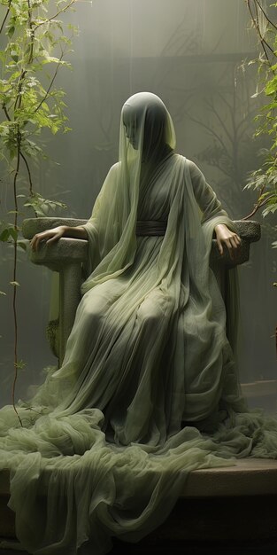 Zdjęcie posąg człowieka w zielonej szlafroku siedzi w lesie.
