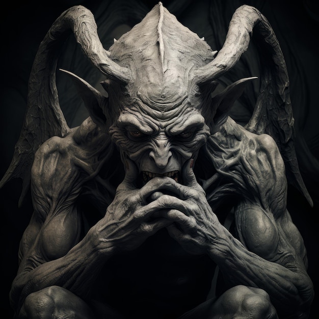 posąg demona z rogami i rękami na twarzy