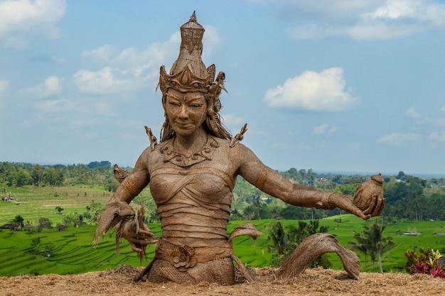 Posąg Dewi Sri, bogini ryżu, wykonany z suszonych liści roślin ryżowych, znajduje się w centrum tarasów ryżowych Jatiluwih, wpisanego na Listę Światowego Dziedzictwa UNESCO w zachodniej części Bali