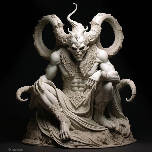 Posąg diabła z rogami i rogami siedzi w ciemnym pokoju.
