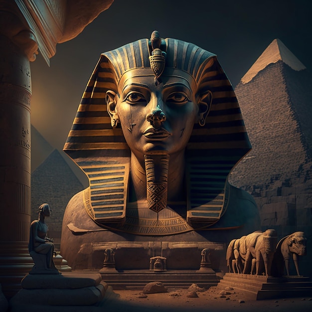 Posąg egipskiego posągu znajduje się przed piramidą Egipt w dawnej świetności