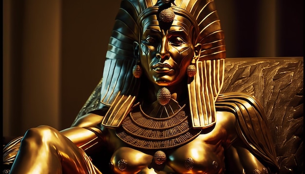 Posąg faraona egipskiej bogini królowej w złotej masce i złotych akcesoriach siedzący na tronie
