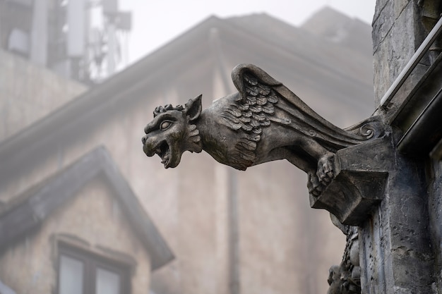 Zdjęcie posąg gargulca, chimery, w postaci średniowiecznego skrzydlatego potwora
