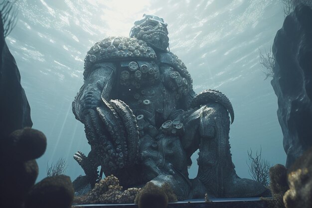 Posąg gigantycznej ośmiornicy siedzi w wodzie.