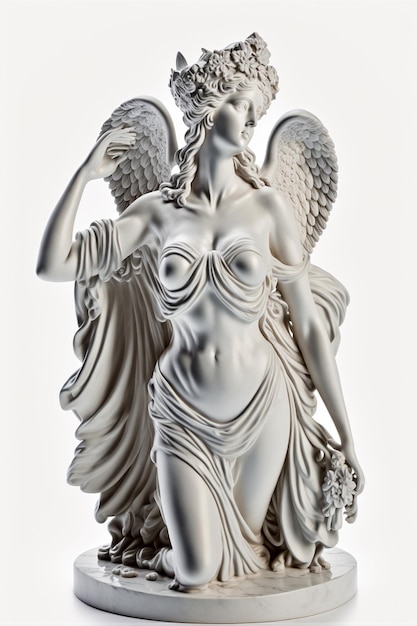 Posąg greckiej bogini na szarym tle Rzeźba muzy z koroną i skrzydłami Obraz generowany przez AI