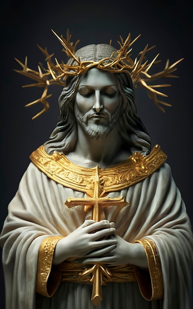 Posąg Jezusa Chrystusa z porcelany z złotą koroną cierń 3D