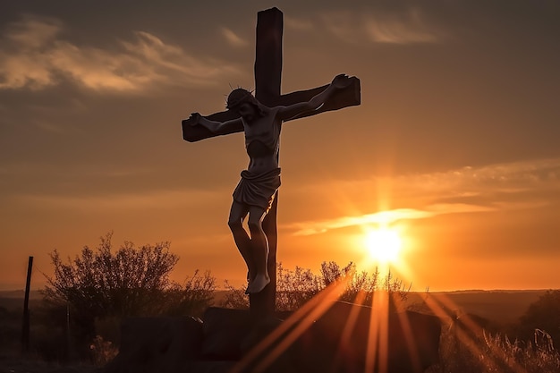 Posąg Jezusa na krzyżu z zachodzącym za nim słońcem