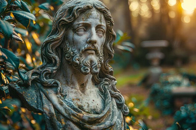 Zdjęcie posąg jezusa otoczony zielenią w parku