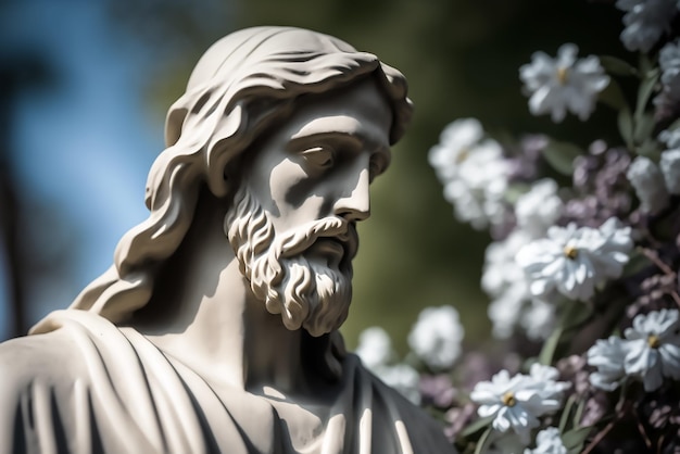 Posąg Jezusa stoi przed ogrodem kwiatowym.