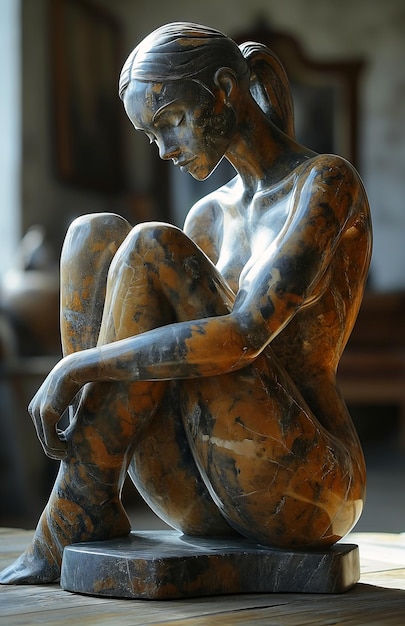 Zdjęcie posąg kobiety siedzącej w pokoju stołowym rzeźbiony kamień marmurowa skóra poplamiona wieczornym światłem samotna dziewczyna boląco