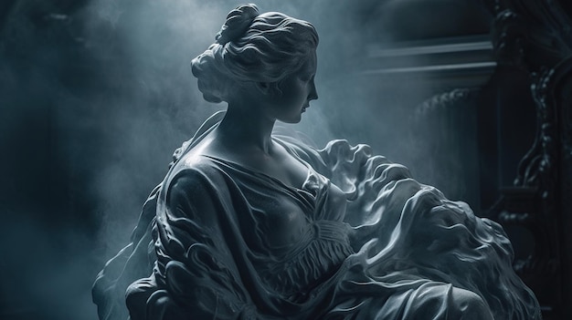 Posąg kobiety z ciemnym, mglistym tłem