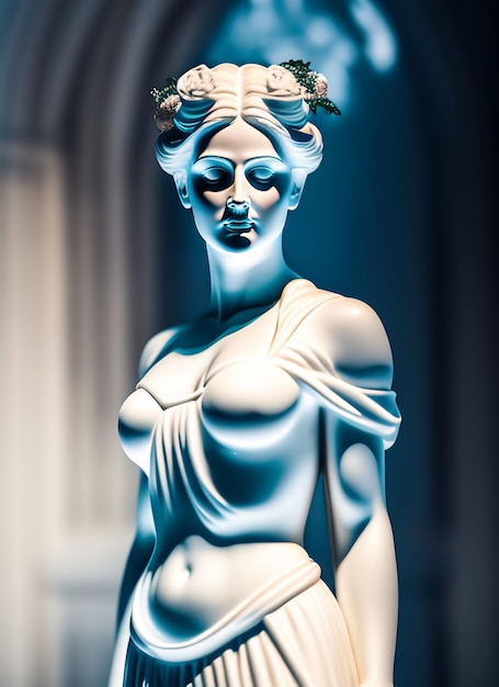 Posąg kobiety z koroną na głowie stoi w ciemnym pokoju