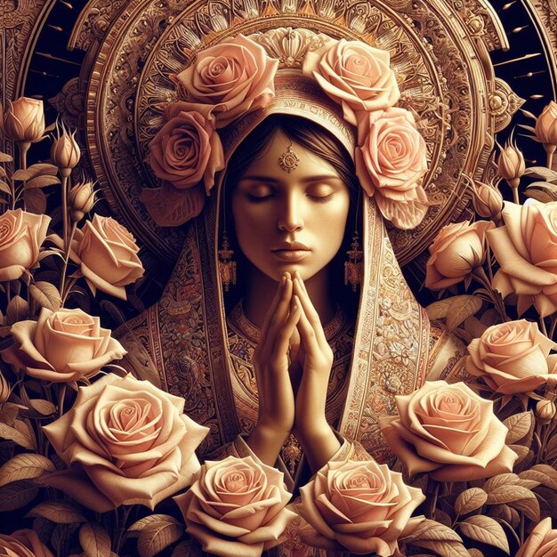 Zdjęcie posąg kobiety z różami na głowie
