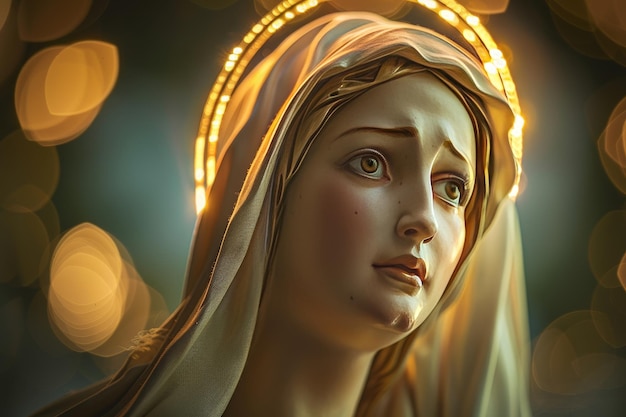 Posąg kobiety ze złotą aureolą na głowie