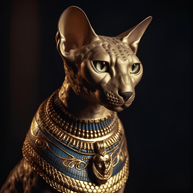 Posąg kota z niebiesko-złotą obrożą i złotym naszyjnikiem.