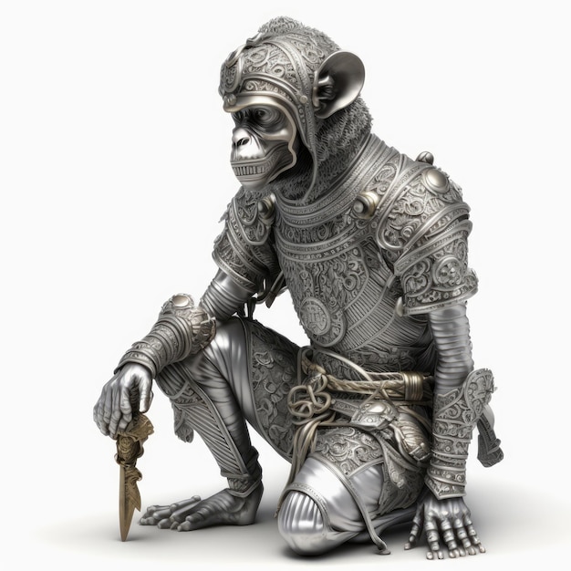 Posąg małpy w srebrnym garniturze i trzymającej pistolet.