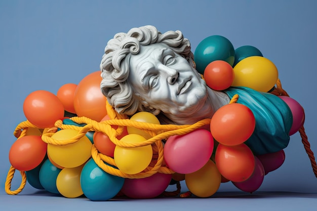 posąg mężczyzny otoczonego balonami