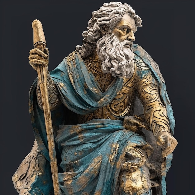 Posąg mężczyzny z brodą i złotą koroną.