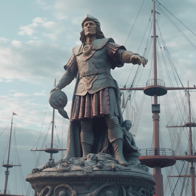 posąg mężczyzny z mieczem przed statkiem.