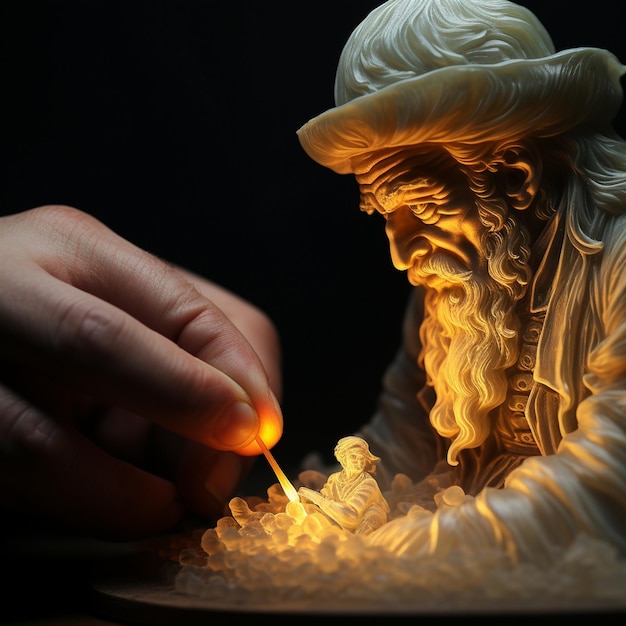 Zdjęcie posąg mężczyzny zapalającego świecę ze świecą w środku.