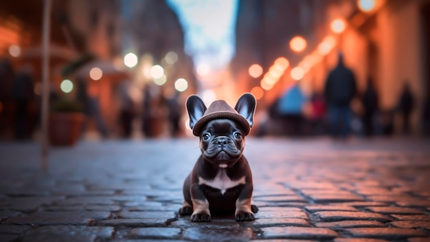 Zdjęcie posąg psa na ulicy miasta z kapeluszem