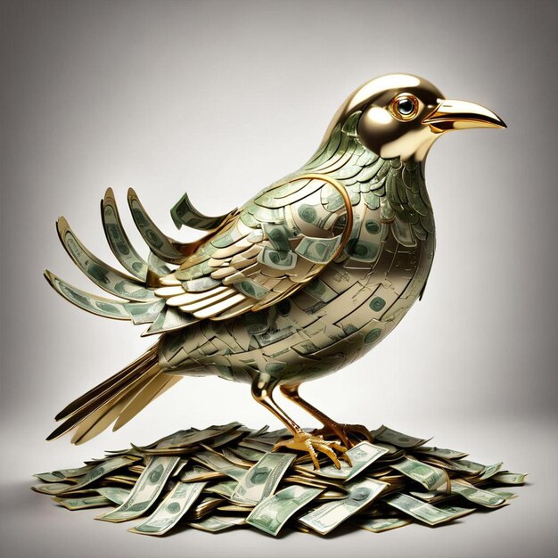Posąg ptaka wykonany na pieniądzach na złotym i szarym tle