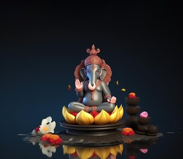 Posąg słonia z koroną na głowie siedzi w kwiecie lotosu