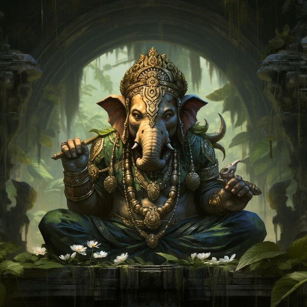 posąg słonia ze złotym łańcuchem na szyi.