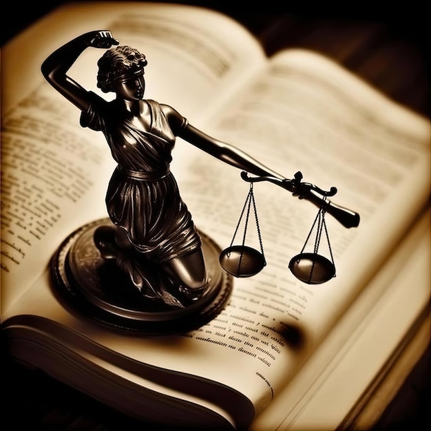 Posąg sprawiedliwości i waga sprawiedliwości w księdze prawa