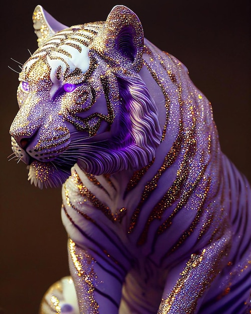 Posąg tygrysa ze złotymi brokatami i fioletowymi paskami.