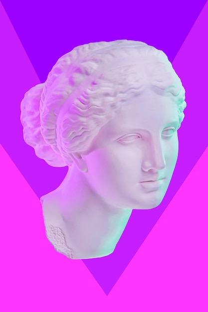 Posąg Wenus z Milo. Kreatywna koncepcja kolorowy neonowy obraz ze starożytną grecką rzeźbą Wenus lub głową Afrodyty. Webpunk, vaporwave i surrealistyczny styl artystyczny. Różowe i niebieskie efekty bichromii.