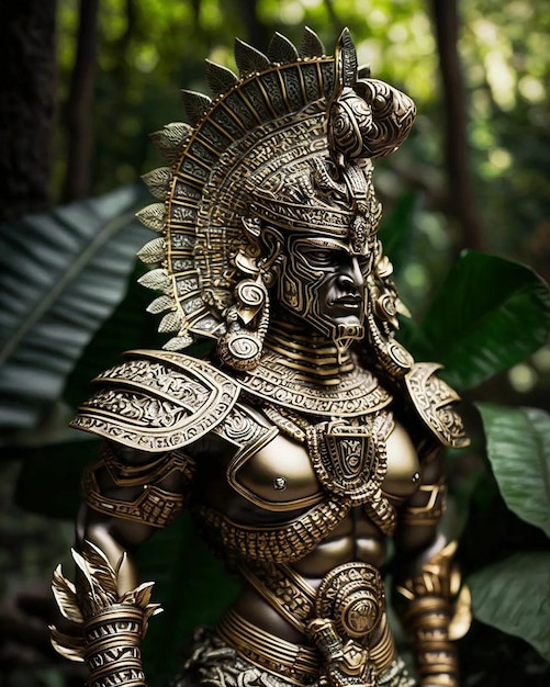 Posąg wojownika ze złotym hełmem i piórkiem.